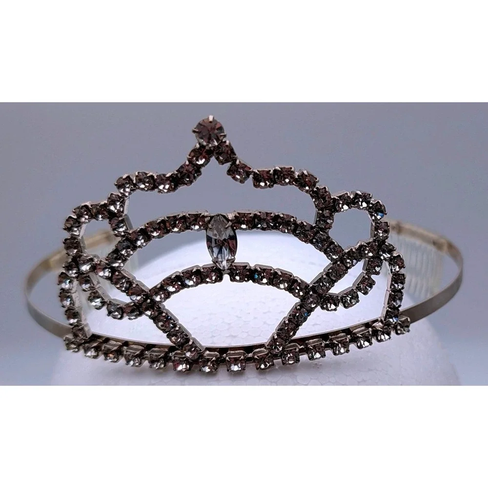 Silver Rhinestone Tiara Headband Scalloped Crystal Pageant Wedding Hair Piece